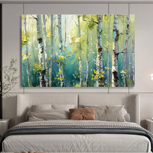 Load image into Gallery viewer, Sunlit Birch Forest Abstract Painting on Canvas - “Green Sanctuary” DKH670