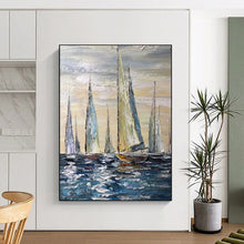Load image into Gallery viewer, Blue & White Sailboats Abstract Painting, Ideal for Coastal Living Room & Nautical Office LargeART2095