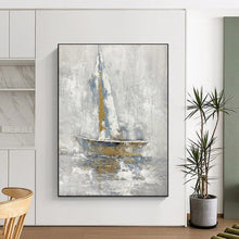 Load image into Gallery viewer, Gray, Blue & Gold Abstract Sailboat Art, Perfect for Nautical - Themed Study & Relaxing Sunroom LargeART1957