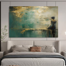 Load image into Gallery viewer, Woman by the Water in Teal and Gold Abstract acrylic painting DLZ087