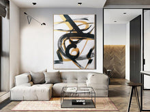 Load image into Gallery viewer, Black And White Abstract Painting Gold Minimal Painting For Living Room Sp049