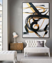 Load image into Gallery viewer, Black And White Abstract Painting Gold Minimal Painting For Living Room Sp049