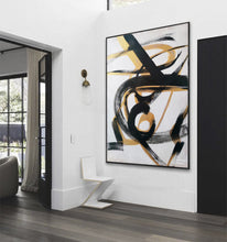 Load image into Gallery viewer, Black And White Abstract Painting Gold Minimal Painting For Living Room Sp049