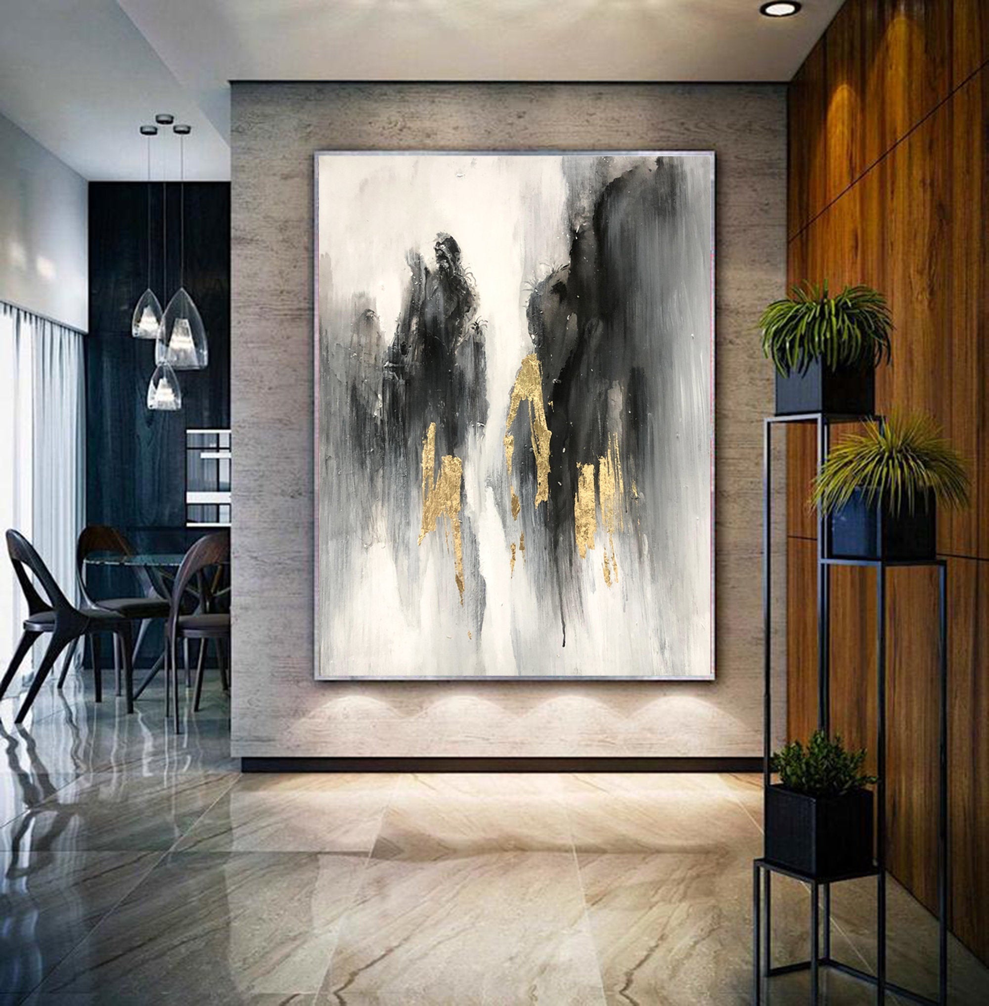 Black And White Landscape Painting Gold Leaf Modern Canvas Art Sp081 ...