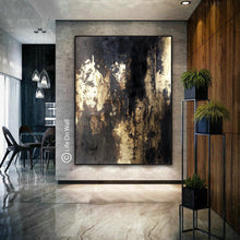 Load image into Gallery viewer, Black Gold Leaf Vertical Abstract Painting Living Room Bedroom Art Wp050