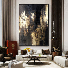 Load image into Gallery viewer, Black Gold Leaf Vertical Abstract Painting Living Room Bedroom Art Wp050