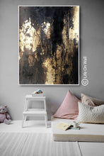 Load image into Gallery viewer, Black Gold Leaf Vertical Abstract Painting Living Room Bedroom Art Wp050