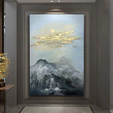 Load image into Gallery viewer, Gold Leaf Art Sun Scenery Painting Black Mountain Landscape Grey Sky Wp064