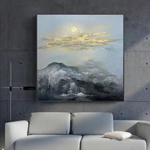 Load image into Gallery viewer, Gold Leaf Art Sun Scenery Painting Black Mountain Landscape Grey Sky Wp064