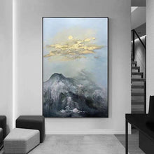 Load image into Gallery viewer, Gold Leaf Art Sun Scenery Painting Black Mountain Landscape Grey Sky Wp064