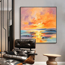 Load image into Gallery viewer, Yellow Pink Sunrise Scenery Seascape Wave Art Blue Sea Canvas Painting Sp110