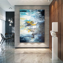 Load image into Gallery viewer, Blue White Yellow Abstract Painting Palette Knife Art Fp039