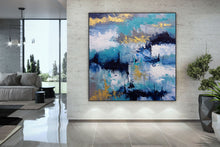 Load image into Gallery viewer, Blue White Gold Abstact Painting Palette Knife Artwork Contemporary Qp024