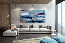 Load image into Gallery viewer, Blue White Gold Abstact Painting Palette Knife Artwork Contemporary Qp024