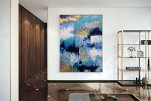 Load image into Gallery viewer, Blue White Gold Abstact Painting Palette Knife Artwork Contemporary Qp024