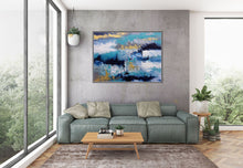 Load image into Gallery viewer, Blue White Gold Abstact Painting Palette Knife Artwork Contemporary Qp024