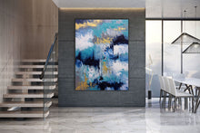 Load image into Gallery viewer, Blue White Gold Abstact Painting Palette Knife Artwork Contemporary Qp024