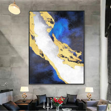 Load image into Gallery viewer, Blue White Gold Painting Navy Blue Abstract Painting on Canvas Op057