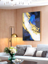Load image into Gallery viewer, Blue White Gold Painting Navy Blue Abstract Painting on Canvas Op057