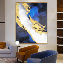 Load image into Gallery viewer, Blue White Gold Painting Navy Blue Abstract Painting on Canvas Op057