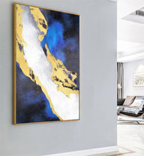 Load image into Gallery viewer, Blue White Gold Painting Navy Blue Abstract Painting on Canvas Op057