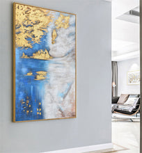 Load image into Gallery viewer, Blue White Gold Abstract Painting Oversized Artwork for Walls Op005