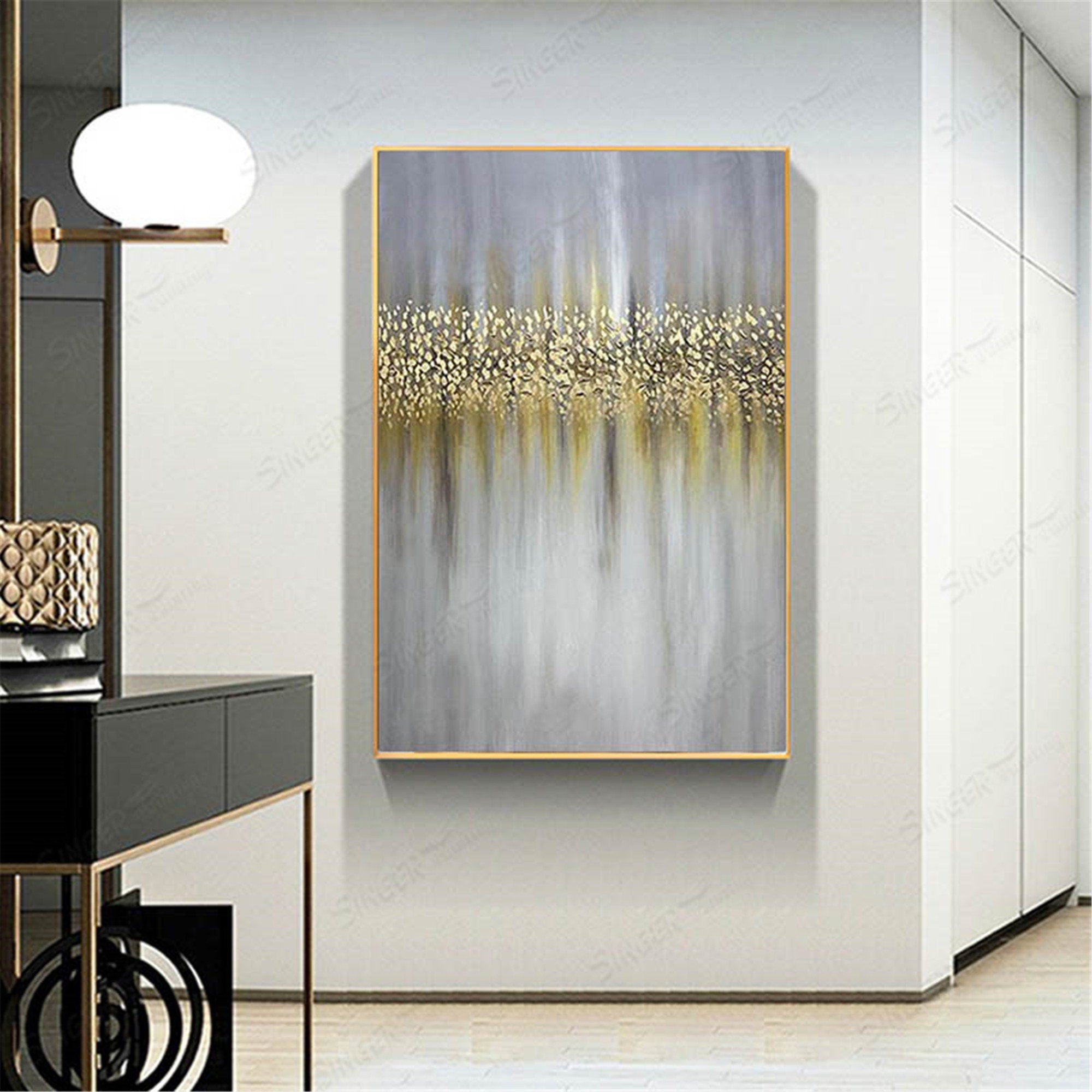 Gold art abstract painting canvas gray wall art for living room Gp025