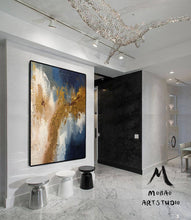 Load image into Gallery viewer, Large Living Room Art Blue Gold Abstract Painting Bg012