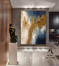 Load image into Gallery viewer, Large Living Room Art Blue Gold Abstract Painting Bg012