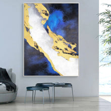 Load image into Gallery viewer, Blue White Gold Painting Navy Blue Abstract Painting on Canvas Op057