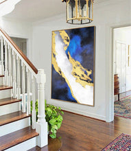 Load image into Gallery viewer, Blue White Gold Painting Navy Blue Abstract Painting on Canvas Op057