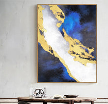 Load image into Gallery viewer, Blue White Gold Painting Navy Blue Abstract Painting on Canvas Op057