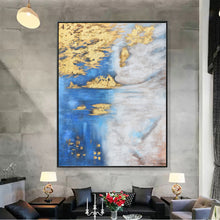 Load image into Gallery viewer, Blue White Gold Abstract Painting Oversized Artwork for Walls Op005