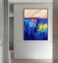 Load image into Gallery viewer, Blue Abstract Painting on Canvas Pink Vertical Painting Op028