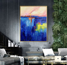 Load image into Gallery viewer, Blue Abstract Painting on Canvas Pink Vertical Painting Op028