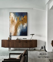 Load image into Gallery viewer, Large Living Room Art Blue Gold Abstract Painting Bg012