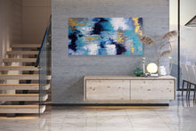 Load image into Gallery viewer, Blue White Gold Abstact Painting Palette Knife Artwork Contemporary Qp024