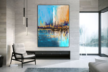 Load image into Gallery viewer, Blue Yellow Beige Palette Knife Artwork Original Abstract Painting Qp039