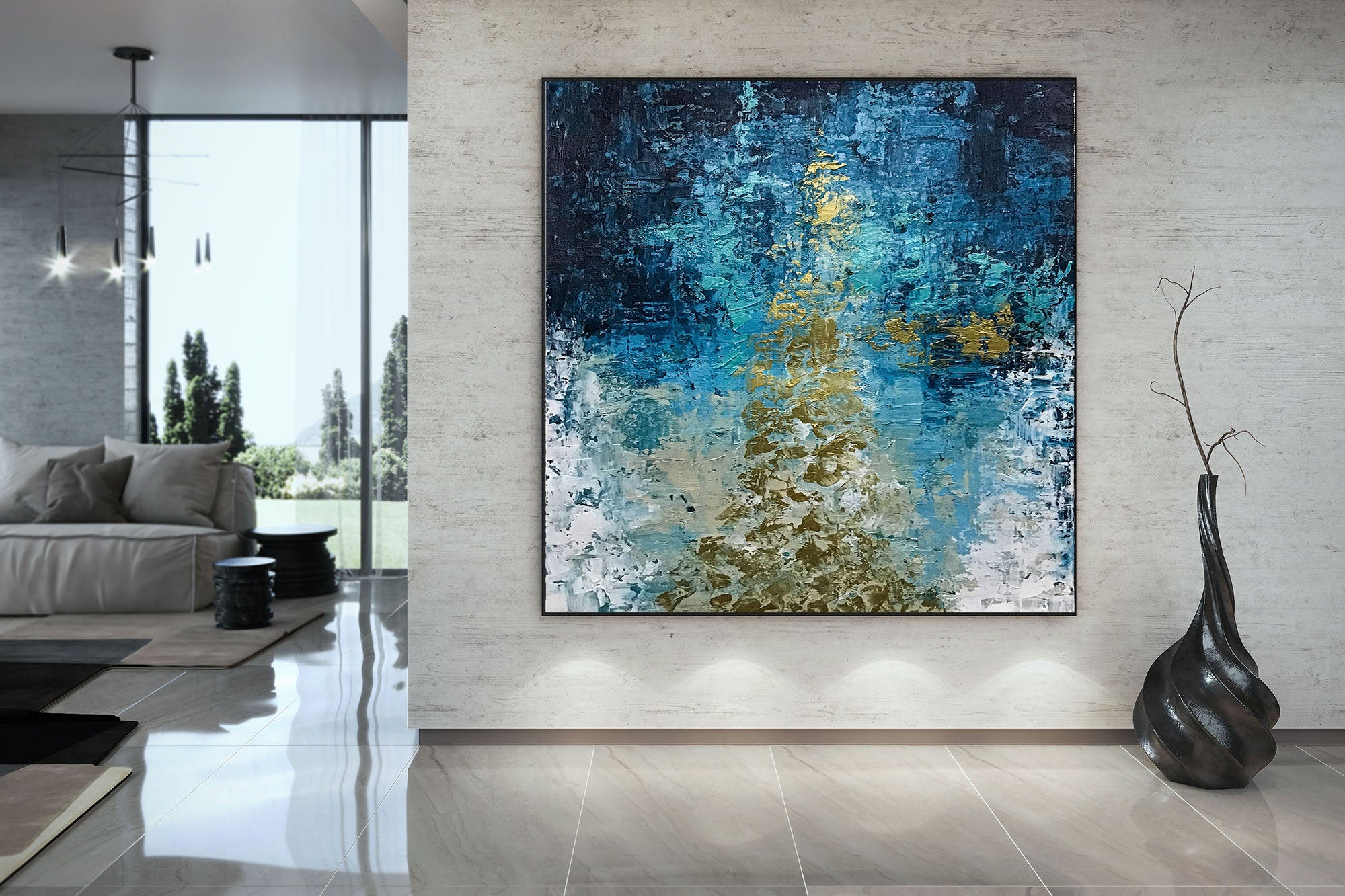 Deep Blue Gold Abstract Paitning Living Room Wall Art Fp087 Extra