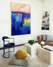 Load image into Gallery viewer, Blue Abstract Painting on Canvas Pink Vertical Painting Op028