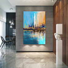 Load image into Gallery viewer, Blue Yellow Beige Palette Knife Artwork Original Abstract Painting Qp039