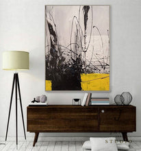 Load image into Gallery viewer, Black Grey Painting Yellow Painting Minimalist Abstract Oil Painting Qp087