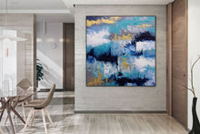 Load image into Gallery viewer, Blue White Gold Abstact Painting Palette Knife Artwork Contemporary Qp024