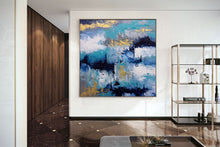 Load image into Gallery viewer, Blue White Gold Abstact Painting Palette Knife Artwork Contemporary Qp024