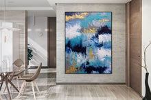 Load image into Gallery viewer, Blue White Gold Abstact Painting Palette Knife Artwork Contemporary Qp024