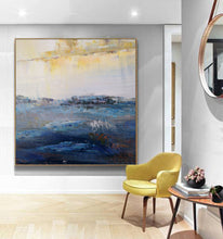 Load image into Gallery viewer, Navy Blue White Yellow Abstract Painting Sea Level Abstract Art Dp106