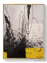 Load image into Gallery viewer, Black Grey Painting Yellow Painting Minimalist Abstract Oil Painting Qp087