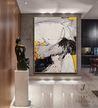Load image into Gallery viewer, Black Oil Painting on Canvas Yellow Painting Minimalist Abstract Art Qp089