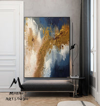 Load image into Gallery viewer, Large Living Room Art Blue Gold Abstract Painting Bg012