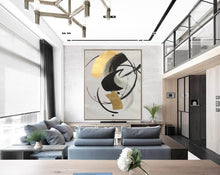 Load image into Gallery viewer, Gold Black White Minimalist Painting on Canvas Oversized Abstract Art Np090